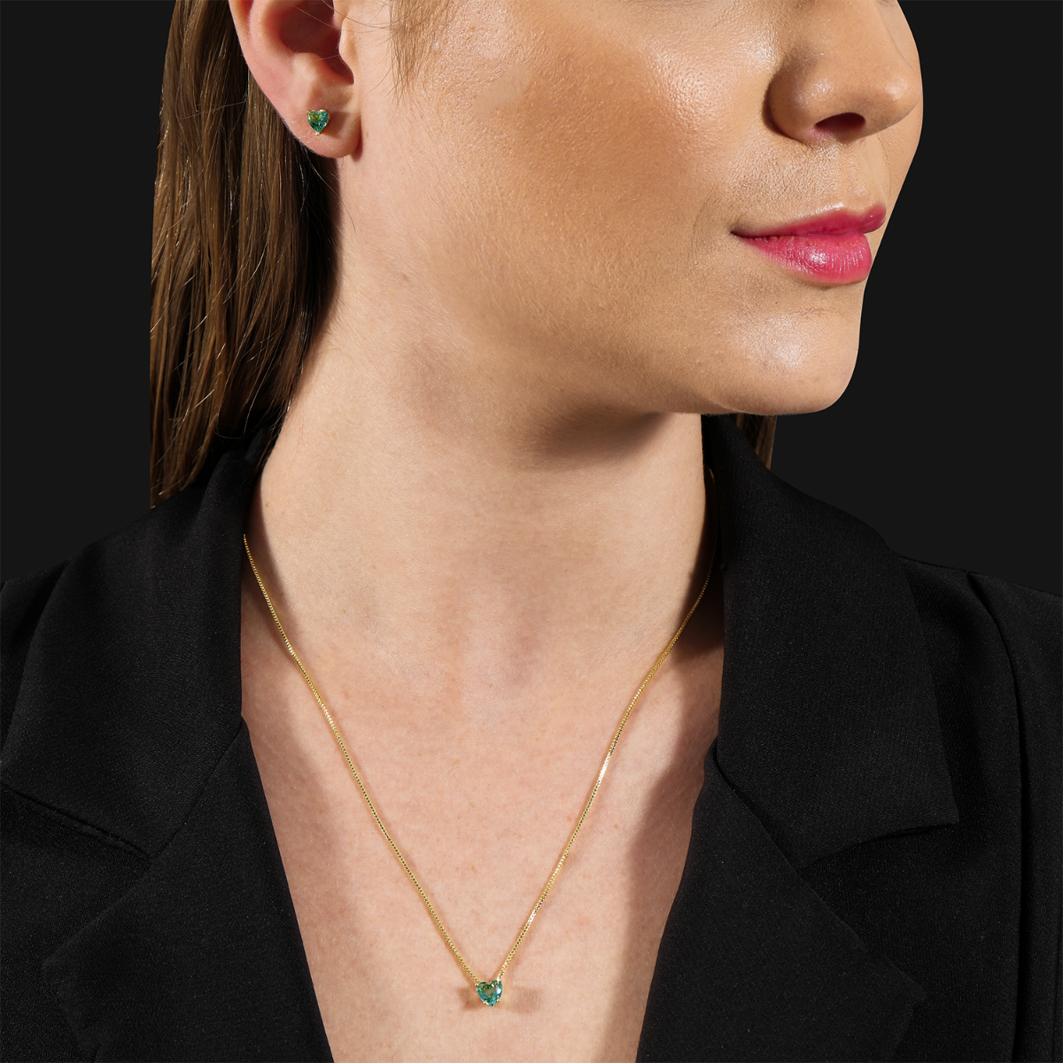 Conjunto de Colar e Brinco Coração Verde
